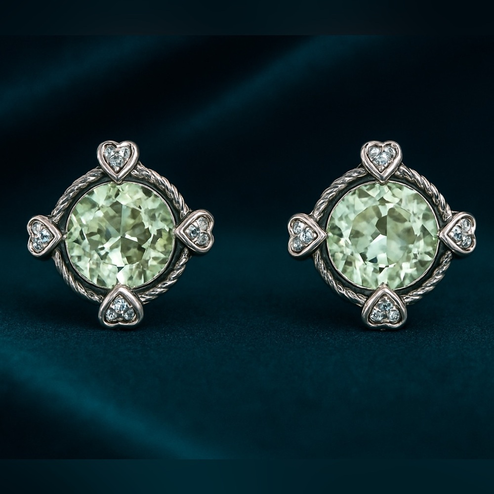 14K Prasiolite Diamond Hearts Cable Cushion Earrings - Picture 2 of 9